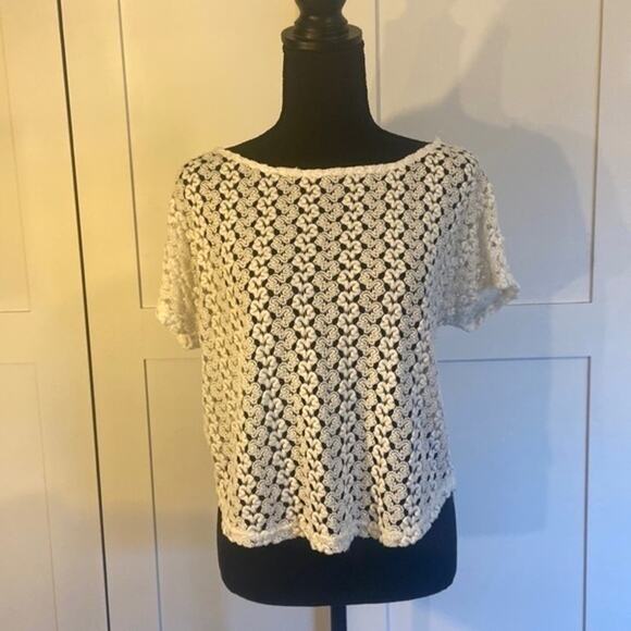 White Open Knit Short Sleeve Crew Neck Blouse Top S/M - Picture 2 of 5